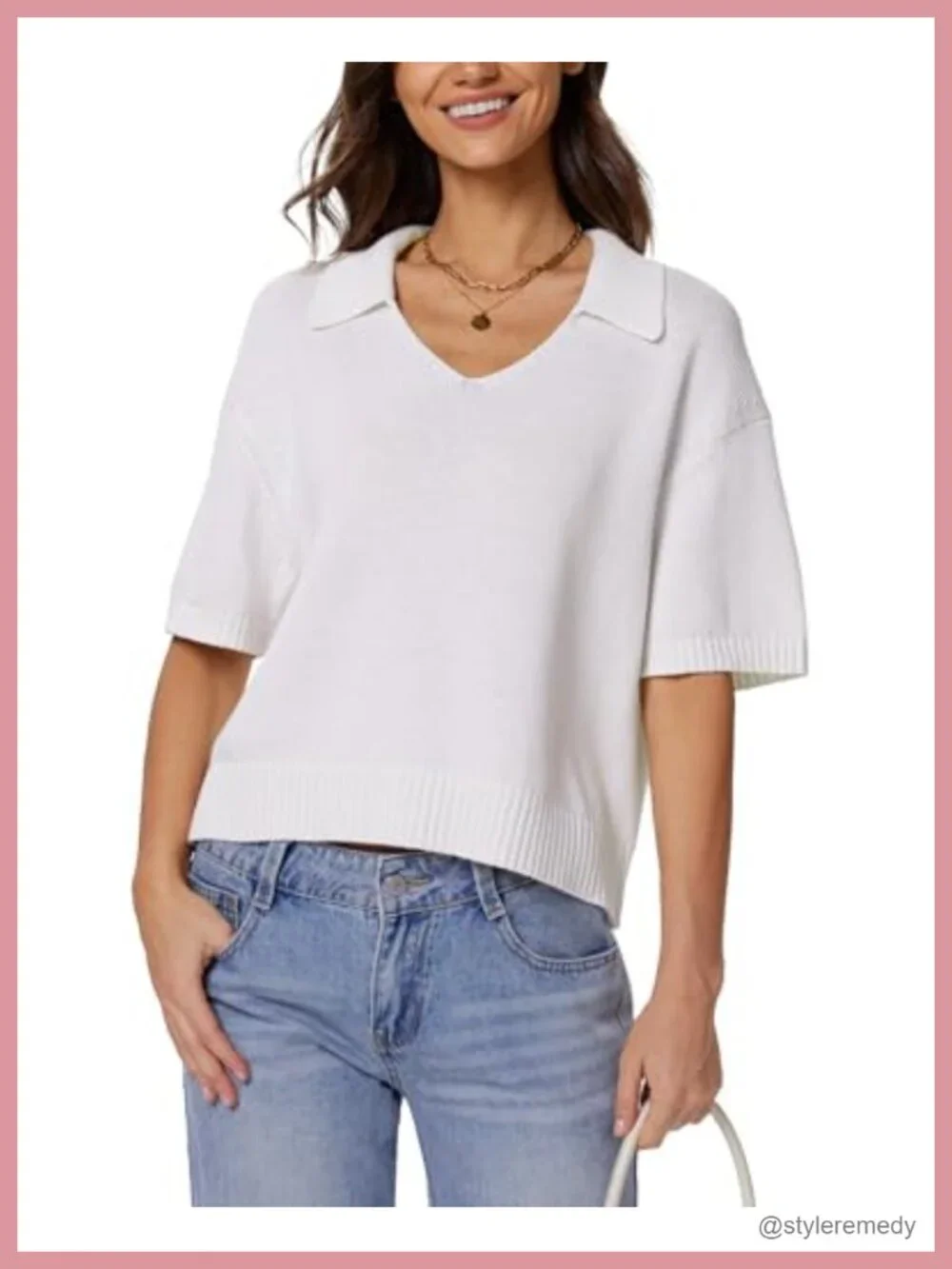 Women's Polo V-Neck Knit Top Short Sleeve Pullover Sweater Cotton Loose Fit